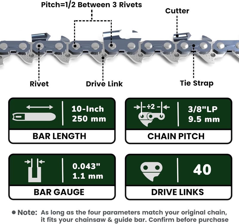 Wangenbro New 10 Inch Chainsaw Chain 3/8"LP Pitch .043" Gauge 40 Drive Links, 10 Inch Replacement Chain for EGO PSA1020, RYOBI P2502, Worx WG322 WG323, Makita XCU06, Milwaukee M18, BLACK+DECKER & More - R40 - Image 3